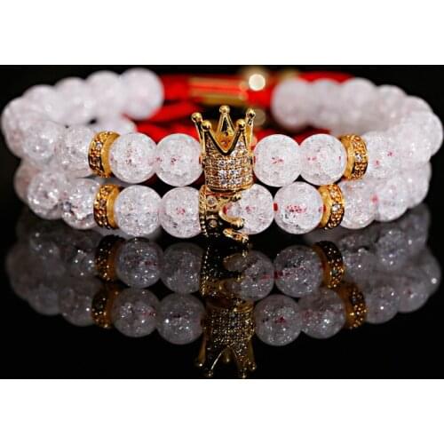 2020 Fashion White Crystal Beads Couple Bracelet Men Classic CZ Crown&Queen Charm Macrame Bracelet Women Jewelry