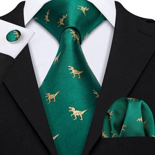 Fahsion Gold Dinosaur Green Mens 100% Silk Ties Gravat Hanky Box Gifts Set Ties For Men Wedding Groom Neckties Barry.Wang