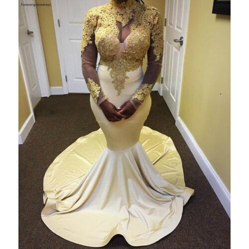 High Neck Ivory and Gold Mermaid Long Sleeve Evening Dress Cheap Black Girls Party Gown Custom Made Plus Size