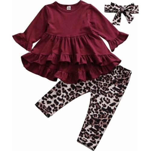 1-6Y Girls Casual Clothing Set Cotton 3Pcs Baby Toddler Girls Kids Top Dress +Headband+Leopard Print Pants Clothes Outfits