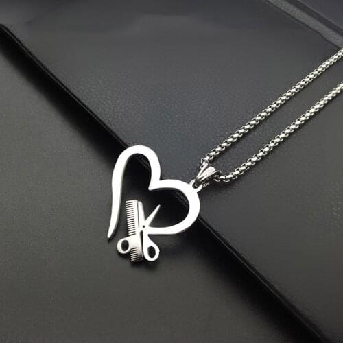 Punk Charm Women Hair Stylist Stainless Steel Necklaces Scissor Comb Sweater Chain Heart Love Necklace Men Women Jewelry