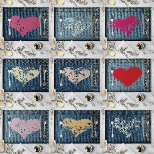 Fashion Print Rectangle Cotton Linen Western Style Table Pad Cut Mats Placemat for Dinner Kitchen Table 40x30cm Love Heart