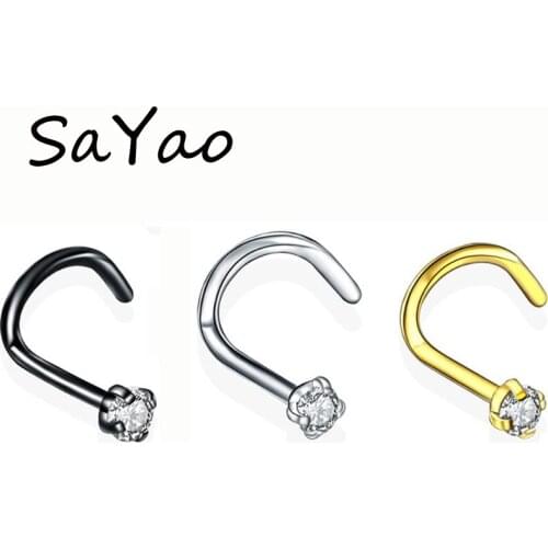 SaYao 2 Piece 20Gx7x2mm nostril nose stud nose ring Round Zircon Nose Studs Ring Twist Screw Nose Septum Piercing Body Jewelry