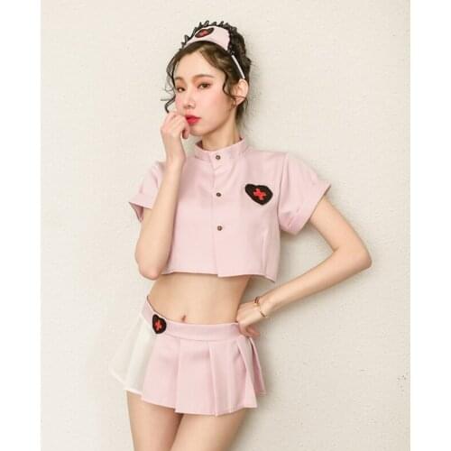 Sexy mousse pajamas set woman Underwear perspective short top pleated pink sweet love nurse uniform temptation suit sloth