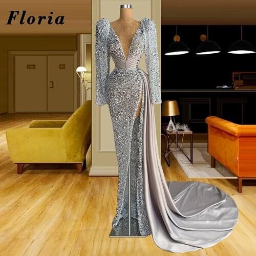 Sliver Slim Mermaid Evening Dresses Muslim Party Gowns Plus Size Evening Wear 2021 Robes Couture Dubai Prom Gowns Party Dress