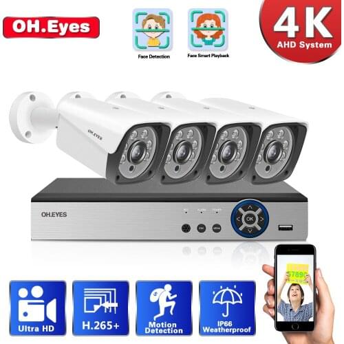 H.265 4CH 4K DVR CCTV System 8.0MP AHD Security Cameras IR Outdoor Alarm System IP66 Video Surveillance kit Motion Detection P2P