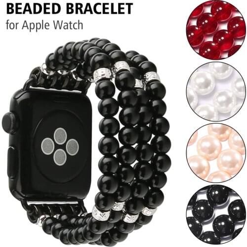 Black Pearl Bracelet Replacement for Apple iWatch Strap Series 5/4/3/2/1 Watch Band Handmade Beaded Elastic Stretch Women Girls