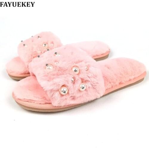 FAYUEKEY 2018 New Fashion Winter Home Cotton Plush Slippers With Bead Women Indoor Floor Open-toed Flat Shoes Girls Gift
