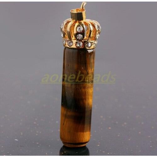 Gold Color Rhinestone Crown Tiara Round Tigers Eye Stone Column Pendant Healing Charms For Jewelry Making DIY Accessories