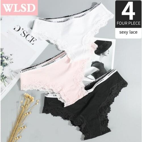 4Pcs/lot Sexy Lace Panties Women Transparent Seamless Briefs Cotton Crotch Cute Letter Panties Lady Soft Brand Women Underwear
