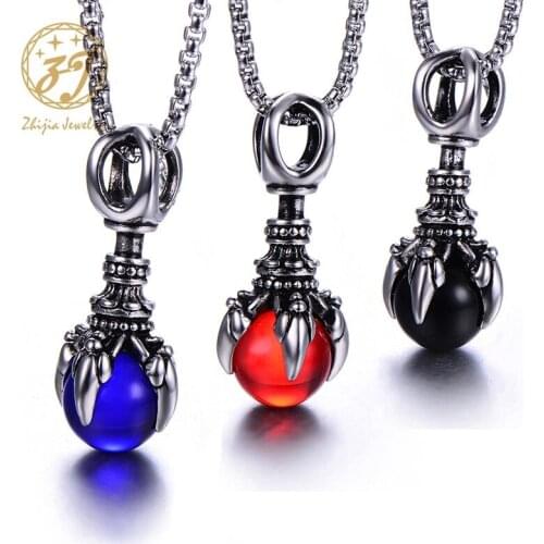 Zhijia Stainless Steel Vintage Pendant Necklace Glass 3 Colour Dragon Claws Bead Gothic Women Men Gothic Jewelry