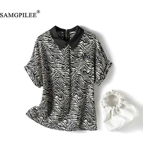 Summer T-shirts For Women 2021 New Korean Style Casual Chiffon Short Sleeve Striped Turn-down Collar Woman Tshirts Plus Size 4XL