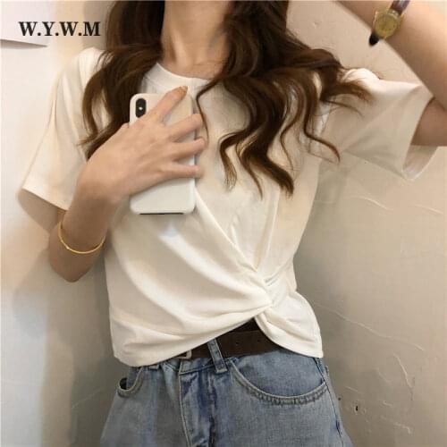 WYWM Summer Waist Knotted Short Sleeve T-shirt Female Slim Crop Outdoor Short Tops Brief Solid TShirts Women Twist Knot Tees