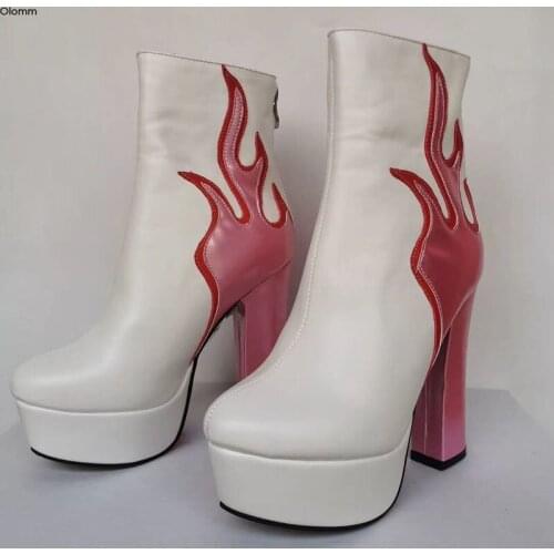 Olomm Fashion Women Platform Ankle Boots Square High Heels Boots Round Toe Gorgeous White Party Shoes Women Plus US Size 5-15