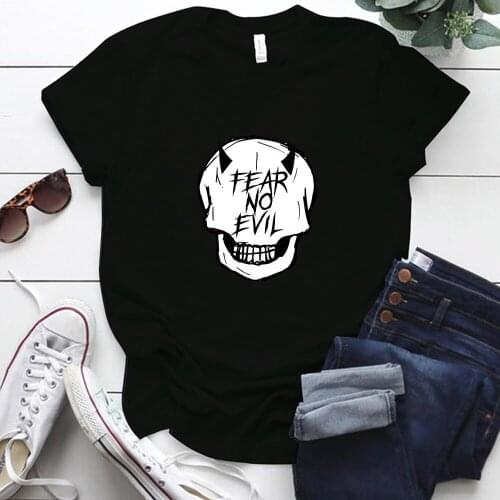 FEAR NO EVIL Letter Printing T Shirts Women O-neck Street Style Woman Tshirts Casual Plus Size Skull Graphic Tee Mujer Camisetas