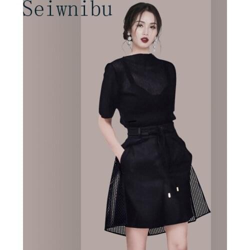 HIGH STREET New Stylish 2020 Runway Suit Set Womens Black Patchwork Plaid Mini Pocket Lace-up Skirt Set