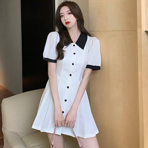 Fashion Korean Vintage Short Sleeve Mini Party Dress Ladies Elegant Coffee Break Casual Single Breasted Button Beach Short Dress
