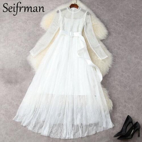 Seifrmann New 2021 Summer Women Fashion Runway Maxi Dress Long Sleeve Gorgeous Crystal Sashes White Printed Ladies Long Dresses