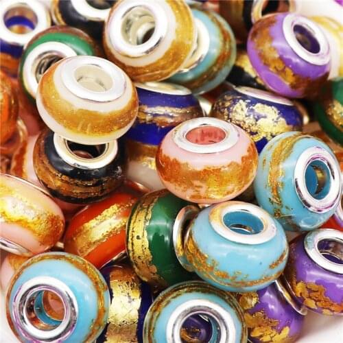 10Pcs/Lot Big Hole Round Glitter Beads Charms Fit Pandora Bracelet Snake Chain Cord Necklace for Jewelry Making Women DIY Craft