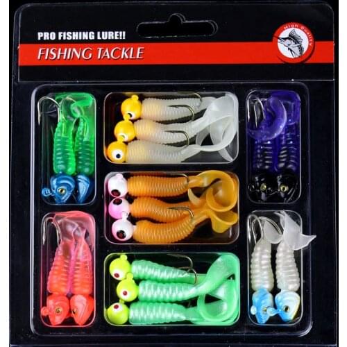 17pcs/set Fishing Lure Lead head Jig Head Hooks Grub Worm Soft Baits Shads Silicone fishing tackle Set