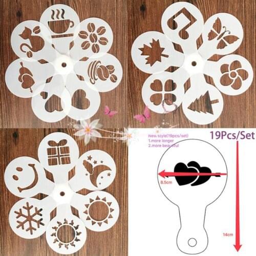 New 19 Pcs/set Fancy Coffee Printing Model Foam Spray Cake Stencils Coffee Drawing Cappuccino Mold Powdered Sugar Sieve Tools