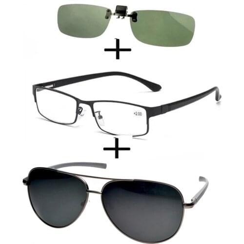 3Pcs!!!rectangular Metal Black Business Reading Glasses Men Women + Polarized Sunglasses Pilot Thin Leg Frame + Sunglasses Clip