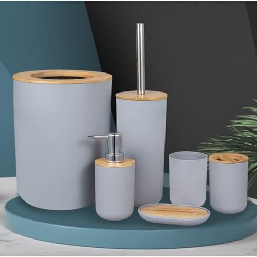 6Pcs/Set Bamboo Wood Bathroom Set Toothbrush Holder Soap Dish Trash Can Toilet Brush Container