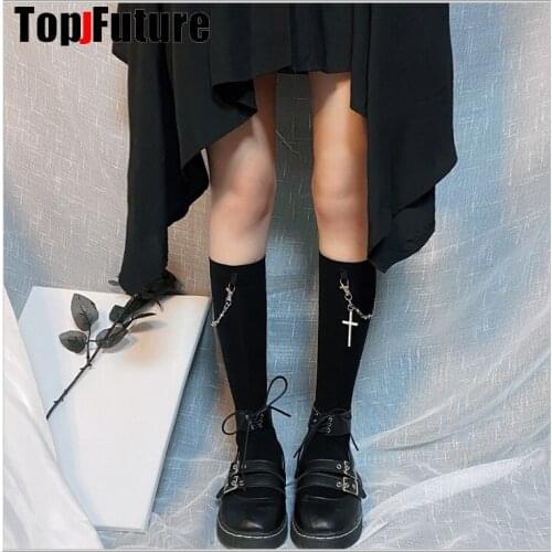 Gothic lolita cosplay stockings Harajuku stockings childrens Black Punk uniform cross style long stocking with cross chain