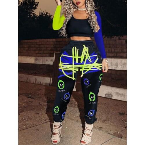 HHDMV 2020 women fashion street hip hop style sets long sleeve round collar top elastic long pants printed two piece sets