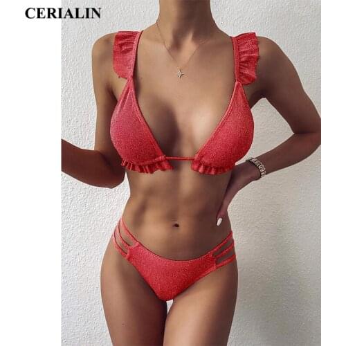 Two Piece Swimsuit Women V Neck Swimwear Bikini Set Sexy Solid Color Ruffled Split Bathing Suit Thong Summer Swimsuit Beachwear