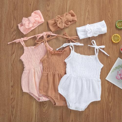 2Pcs Summer Newborn Baby Girls Clothes Cotton Linen Bodysuits Headband Jumpsuit Outfits Set 0-18Months