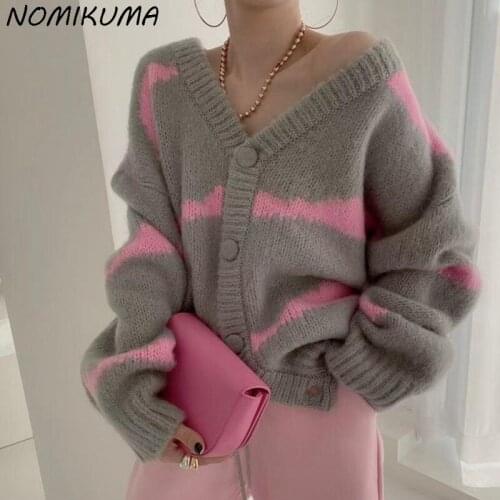 Nomikuma Contrast Color Striped V-neck Knitwear Korean Long Sleeve Women Sweater Coat 2021 Autumn Winter Knitted Cardigans 6K792