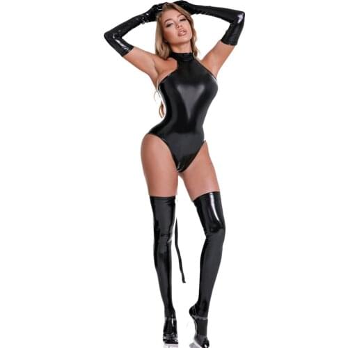 Cosplay PU Faux Leather Latex Bodysuit Sexy High Cut Swimsuit Leotard Sexy Tights Shaping Wear One Piece Thong Stage Wear F21