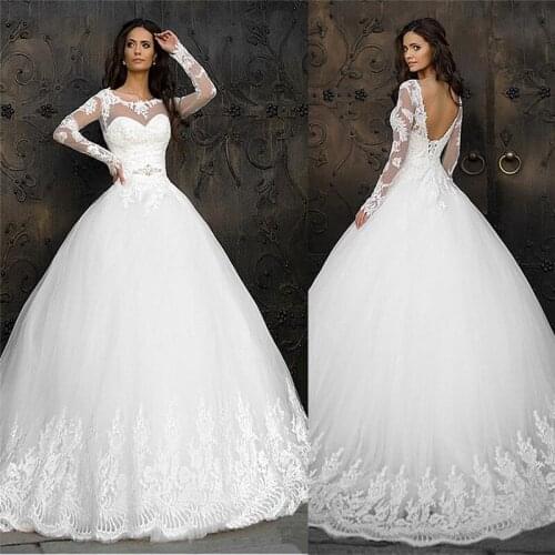 Scoop Neck Long Sleeves Lace Appliques Wedding Dresses Bridal Gowns Lace Up Back Princess Long Wedding Wear Spring