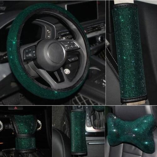 Hot drilling design emerald retro green rhinestones car steering wheel cover armrest pad head pillow handbrake gear shift collar