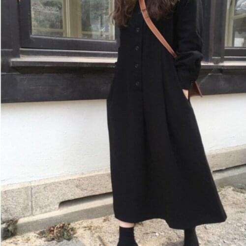 Fashion High Waist Long Sleeve Cotton Dress Autumn Winter 2020 Solid Color V-Neck Elegant Sweet Black Long Skirt for Teens