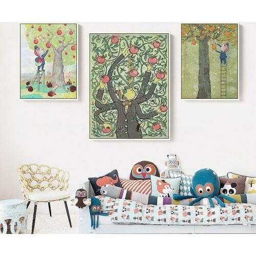 Home Decor Modular Pictures Canvas Printed Painting Nordic Farmer Work Orchard red fruit cartoon boy nursery Kids Children Room