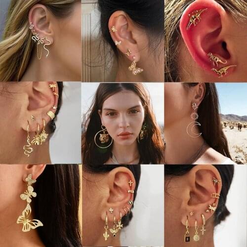 Boho Gold Snake Earrings Sets Women Heart Moon Star Butterfly Cross Geometric Feather Female Earring Vintage Fashion Jewelry