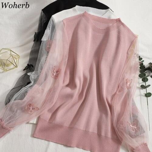 Neploe Shirts for Women Chic Gauze Patchwork Butterfly Knitted Tshirtso-neck Long Sleeve Tees 2021 Korean Temperament Tops Mujer