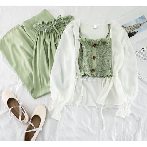 2021 NewFashion Suit Female Summer Camisole + High Waist Wide Leg Pants Trousers + Sunscreen Cardigan Jacket Three-piece Suit