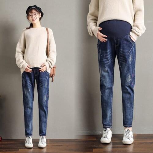 Autumn and winter new pregnant women denim harem pants embroidery nine points Korean version loose loose slim bloomers