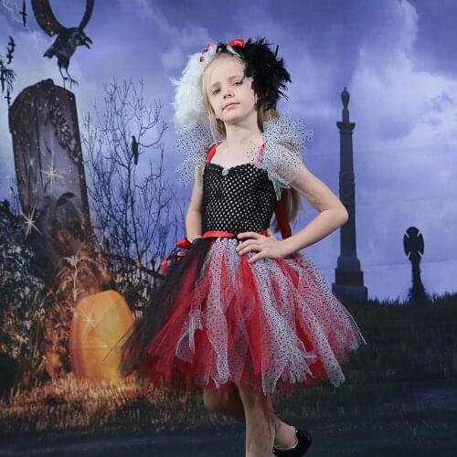 V-neck Cruella De Vil Costume Girls Halloween Tutu Dress with Feather Headband Kids Party Dresses Baby Girl Cosplay Costume