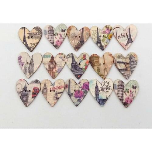 100Pcs Heart Vintage Wood Eiffel Tower Printed 2 Holes DIY Sewing Craft Wooden Button with Natural wood made