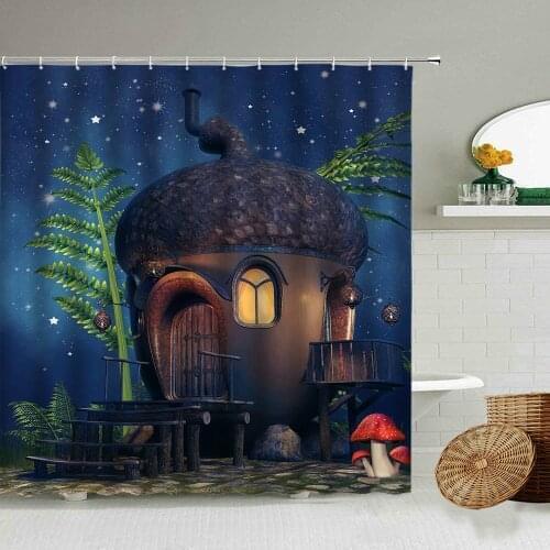 Cartoon Fairy Tale Tree House Mushroom Green Plant Shower Curtain Dream Star Evening Scene Child Bathroom Waterproof Curtains
