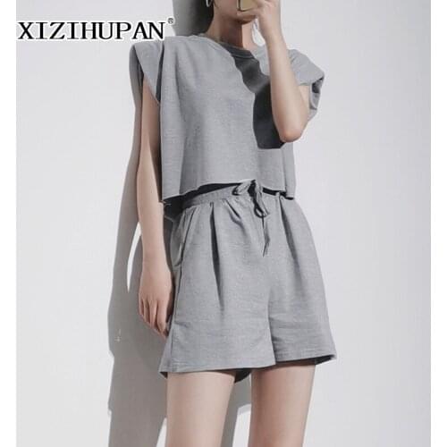 XIZIHUPAN Solid Casual Women Shorts Round Neck Sleeveless Cropped Top Elastic High Waist Self Tie Wide Leg Womens Clothing 2021