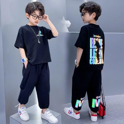 New Summer Kids Clothes Sets Boy Fashion Reflective Letter Print Short Sleeve T-Shirt Pants Children Sport Suit Boys Tracksuit