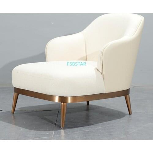 Golden Base White Leather Leisure Lobby Chaise Chair Chrome Stainless Steel Modern for Hotel
