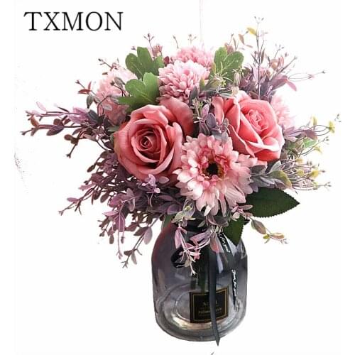 Light luxury beautiful Pink Fuchsia artificial rose fake silk dried flower Wedding Nordic American home dining table decoration