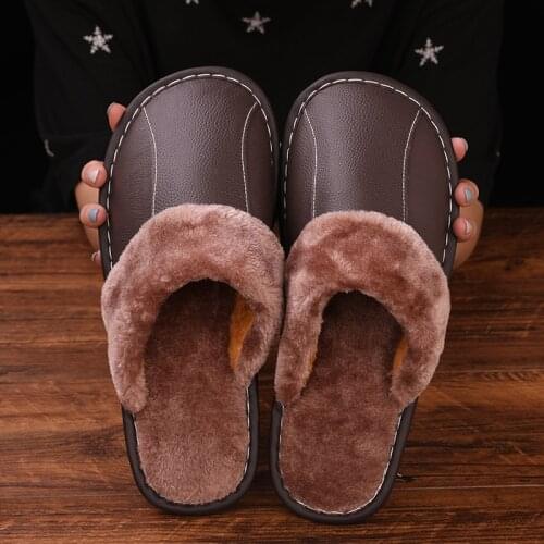 STONE VILLAGE Winter Genuine Leather Slippers Non-Slip Home Slippers Men And Women Slipper Couples Warm Leather Cotton Slippers