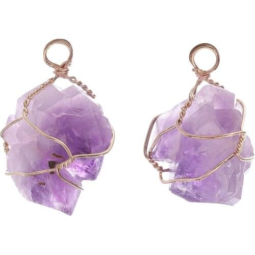 Twist Iron Pendant Purple Natural Stone Necklace Raw Druzy Copper Wire Wrapped Pendant Charm with Gold Color